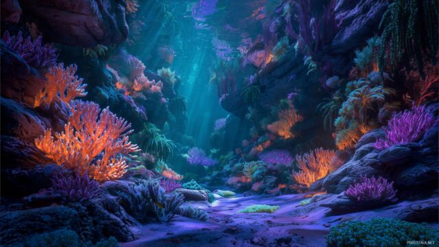 Aquarium Background Inspiration For Desktop, An Exotic Deep Sea Environment Filled With Bioluminescent Fish And Mesmerizing Coral Formations