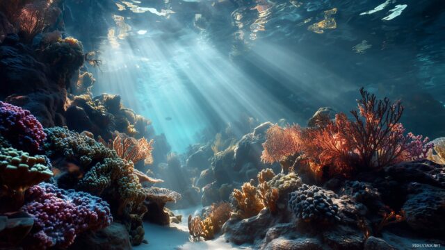 Aquarium Background Inspiration For Desktop, A Dynamic Scene Showcasing A Coral Reef During Daylight, With Sunlight Streaming Through The Water