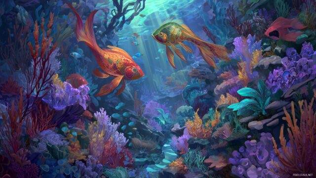 Aquarium Desktop Background, A Vibrant Underwater Fantasy Scene With Mythical Sea Creatures Swimming Among The Corals