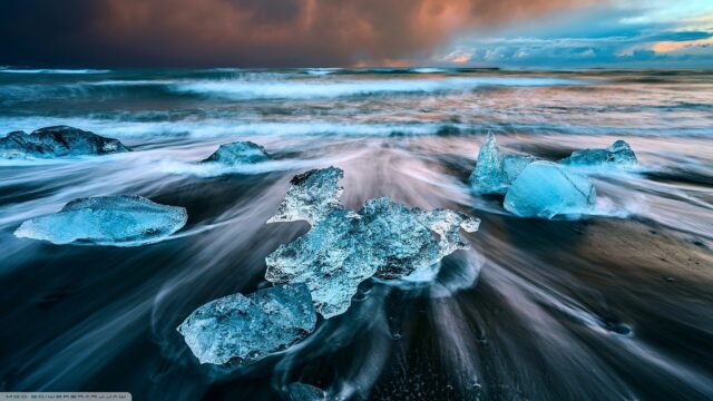 Arctic Ocean Wallpapers Stunning Ice Chunks On Black Sand Beach With Moving Waves At Sunset