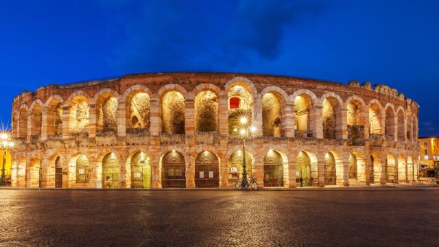 Arena Di Verona At Night Stunning Wallpaper With Blue Sky Background