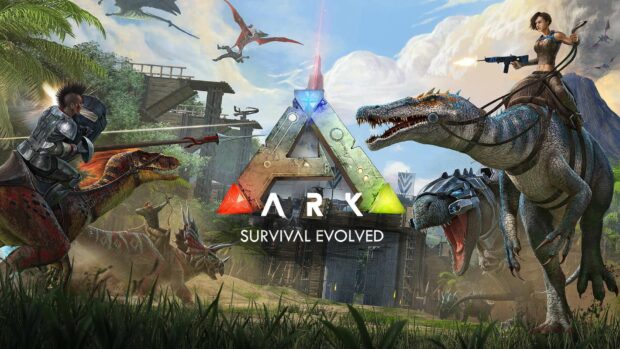 Characters riding dinosaurs fight in an Ark Survival Evolved setting, HD Desktop Wallpaper