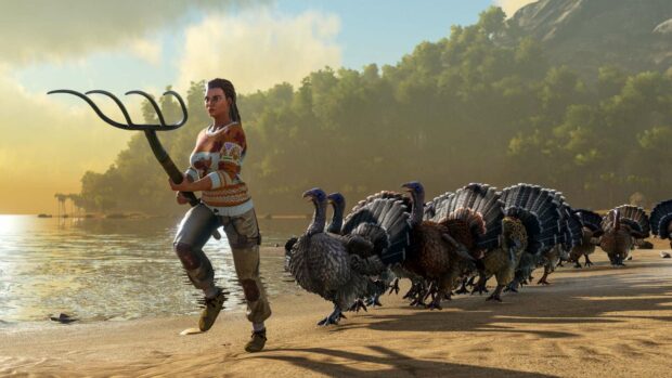 A character from Ark Survival Evolved is running on a beach while holding a fork and followed by a group of turkeys, HD Desktop Wall