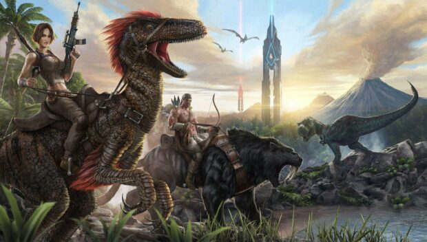 Two characters ride dinosaurs in a prehistoric landscape with mountains and futuristic structures in the background featuring Ark Survival Evolved