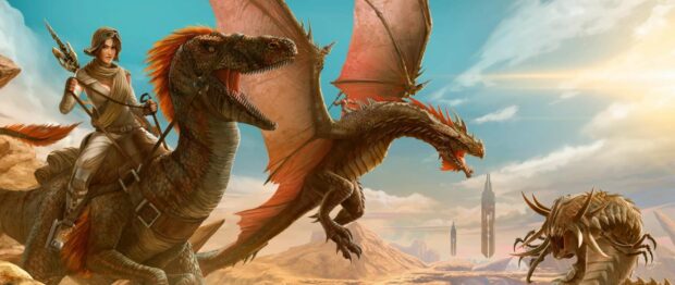 A female character rides a dinosaur while another dinosaur with wings flies above in a desert landscape, 2K Desktop Wallpaper