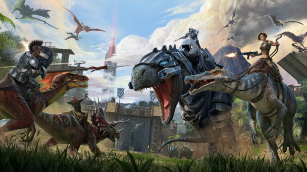 The image shows a fierce dinosaur battle scene in Ark Survival Evolved with armored riders and flying creatures attacking a fortified base