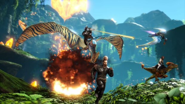A man runs in front of an explosion while others ride dinosaurs and flying creatures in an Ark Survival Evolved setting, HD Desktop Wallpaper