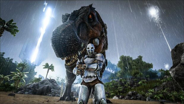 A player in armor aims a weapon in front of a large dinosaur during a rainy day in Ark Survival Evolved, HD Desktop Wallpaper