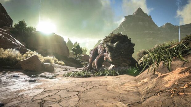 A large reptile creature is walking on dry rocky terrain under a bright sun in Ark Survival Evolved wallpapers, HD Desktop Wallpaper