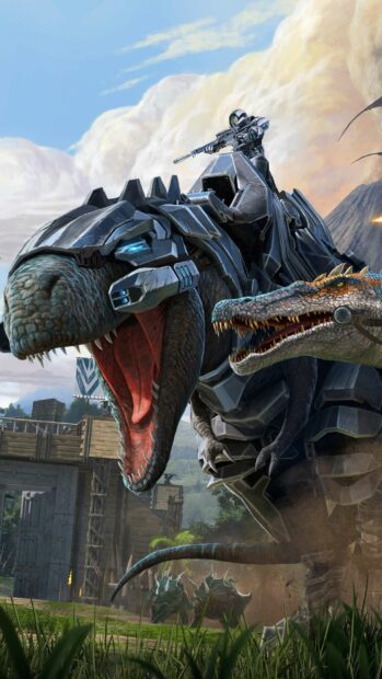 A soldier rides an armored dinosaur holding a rifle in Ark Survival Evolved wallpapers, 2K Mobile Wallpaper