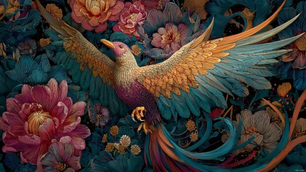 Artistic phoenix bird wallpapers, a creative interpretation of a phoenix surrounded by floral elements and abstract shapes in rich colors.