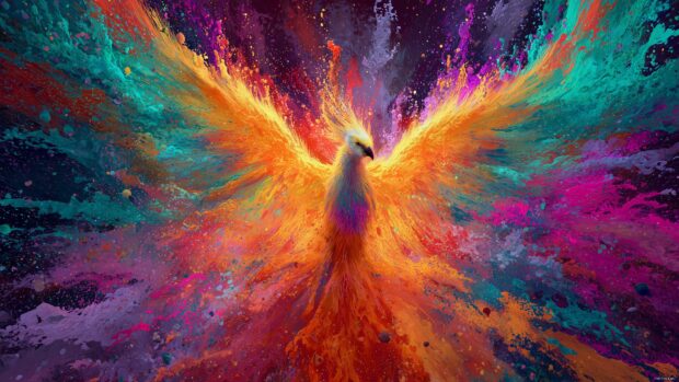 Artistic phoenix bird wallpapers, a surreal vision of a phoenix emerging from an explosion of colors, blending art styles and influences in 4K.