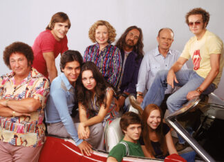Ashton Kutcher And Cast Of That 70s Show Group Wallpaper In Retro Style