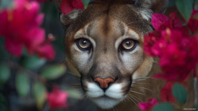Attractive Cougar Wallpaper HD, A Close Up Of A Beautiful Cougar With Striking Eyes, Framed By Vibrant Flowers In A Natural Setting