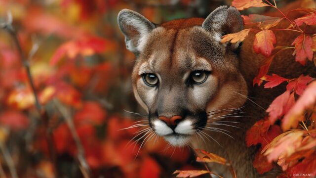 Attractive Cougar Wallpaper For Android, A Stunning View Of A Playful Cougar In Vibrant Autumn Leaves, Showcasing The Essence Of Wilderness