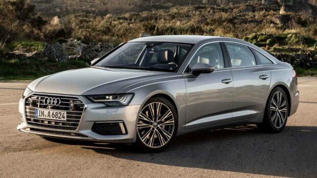 A silver Audi A6 is parked on a road near natural landscape, HD Desktop Wallpaper