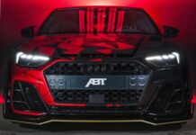 Audi S6 ABT Front View Wallpaper With Red And Black Geometric Design Lighting