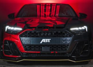 Audi S6 ABT Front View Wallpaper With Red And Black Geometric Design Lighting