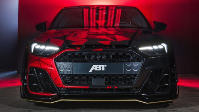 Audi S6 ABT Front View Wallpaper With Red And Black Geometric Design Lighting