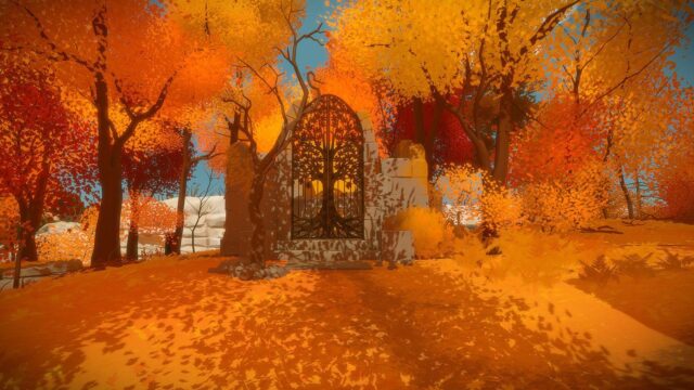 Autumn Forest Puzzle Game Wallpaper with Intricate Gate and Vibrant Foliage