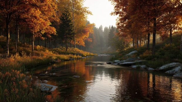 Autumn desktop wallpaper, a tranquil river meandering through a colorful forest in the soft light of late afternoon in 3D.