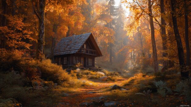 Autumn desktop wallpapes, cozy cabin nestled in a vibrant forest with falling leaves and soft sunlight in 4K.