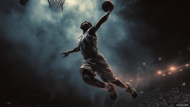 Awesome Basketball Desktop Wallpaper Ultra HD, A Powerful Portrayal Of A Basketball Player In Mid Air, Ready To Dunk The Ball With Determination