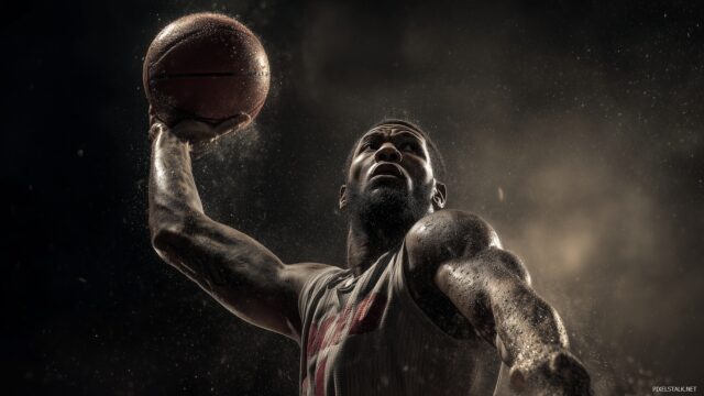 Awesome Basketball Full HD Desktop Wallpaper, An Intense Moment Of A Player Shooting For Three Points With A Focused Expression