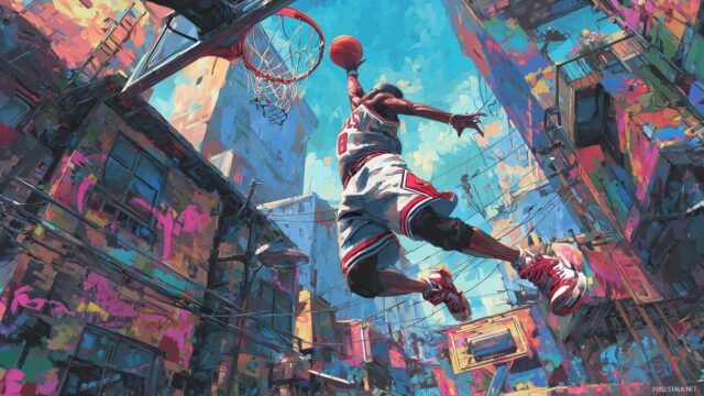 Awesome Basketball Wallpaper, A Vibrant And Dynamic Portrayal Of A Basketball Player Making A Slam Dunk In An Urban Setting