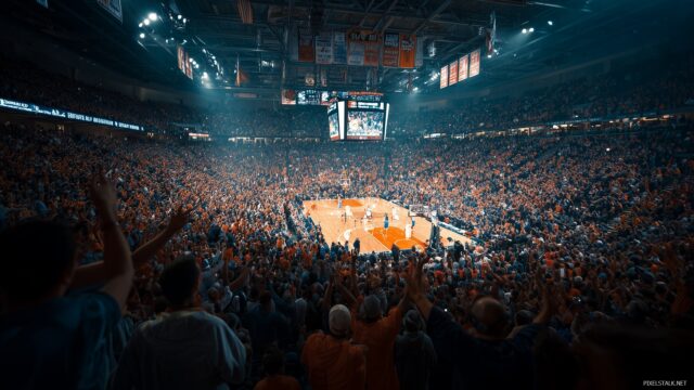 Awesome Basketball Wallpaper HD For Desktop, A Lively Crowd In The Stands With Banners And Energy, Cheering On Their Favorite Team