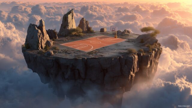 Awesome Basketball Wallpaper HD For Mac, An Imaginative Landscape Of A Basketball Court On A Floating Island In The Clouds
