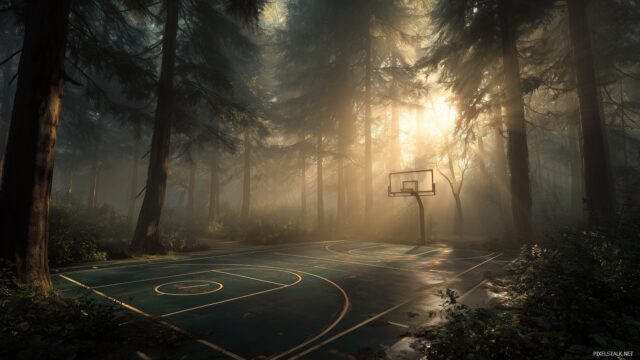 Awesome Basketball Wallpaper Free Download, An Artistic Depiction Of A Vintage Basketball Court Surrounded By Trees And Sunlight Filtering Through