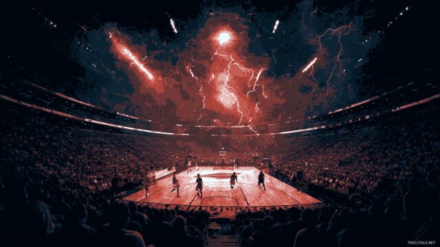 Awesome Basketball Wallpaper High Definition, An Electrifying Night Game Scene With Bright Lights Illuminating The Court And Players In Action