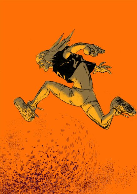 Axl Rose jumping in a dynamic pose holding a microphone with a vibrant orange background, 2K Mobile Wallpaper