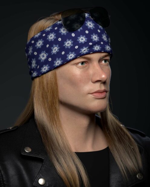 A close up portrait of Axl Rose looking serious wearing a blue patterned bandana and leather jacket, HD Mobile Wallpaper
