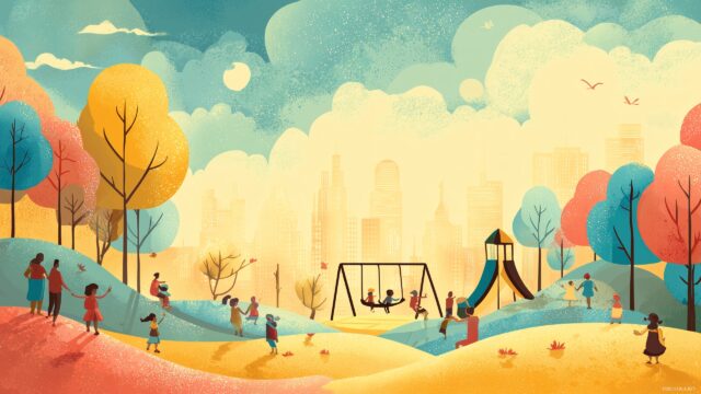Back To School Background, A Bright Playground Filled With Happy Children Playing On Swings And Slides
