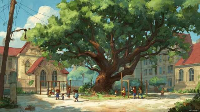 Back To School Background, A Whimsical Schoolyard Scene With Kids Playing And A Big Tree Providing Shade