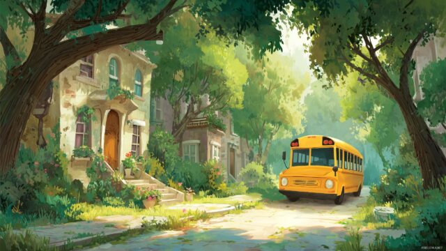 Back To School Background, An Artistic Depiction Of A School Bus In A Picturesque Neighborhood With Trees And Sunshine