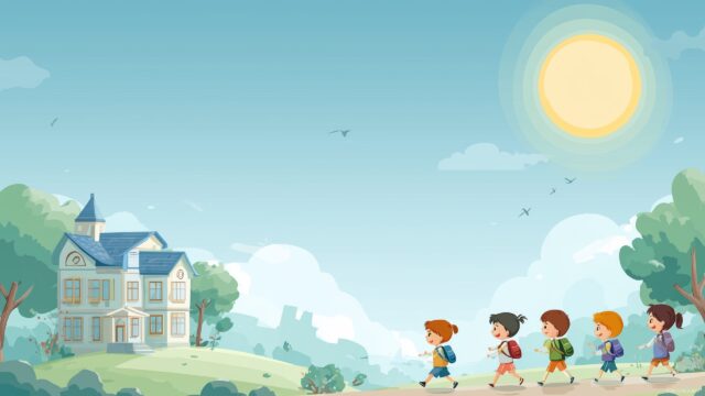 Back To School Background, An Outdoor Scene With Children Happily Walking To School Under A Clear Blue Sky