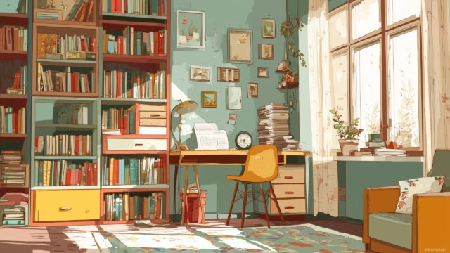 Back To School Background, A Cozy Study Area With Bookshelves, A Desk, And A Window Showing A Sunny Day