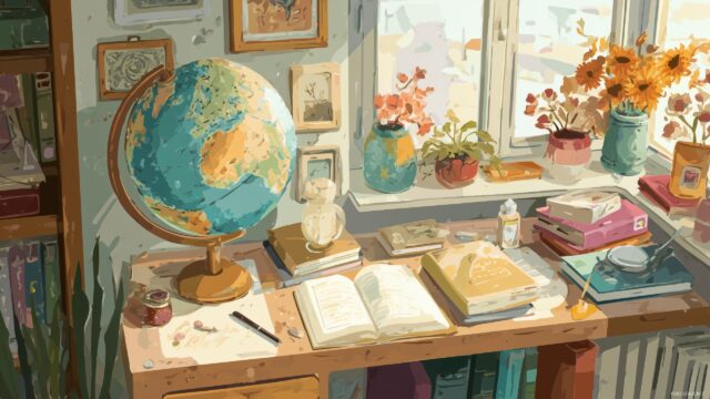 Back To School Background, A Creative Workspace Featuring A Globe, Books, And Artwork In A Cozy Atmosphere