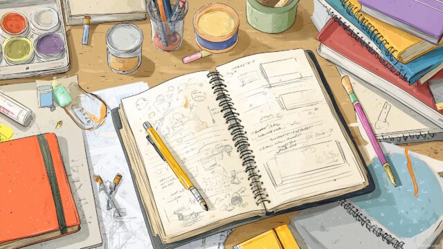 Back To School Background, A Desk Cluttered With Supplies And An Open Notebook With Sketches And Notes