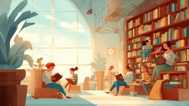 Back To School Background, A Joyful Library Scene With Students Reading And Studying In A Warm Environment