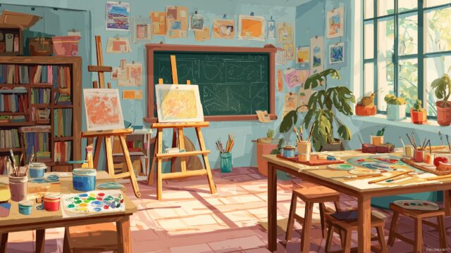 Back To School Background, A Beautiful Art Classroom Filled With Projects, Paint Supplies, And Educational Posters