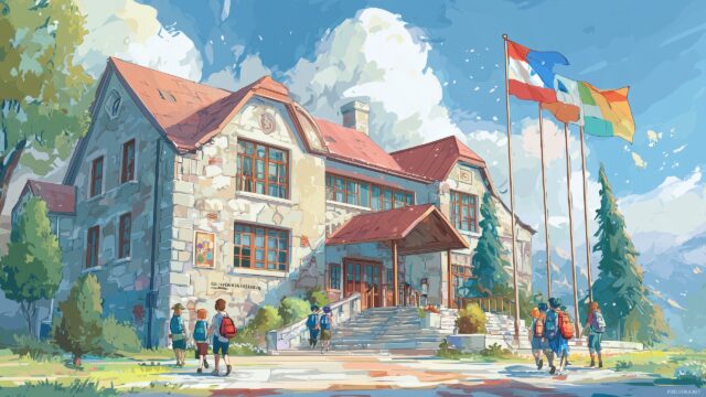Back To School Background, A Picturesque View Of A School Building With Flags Flying And Students Arriving