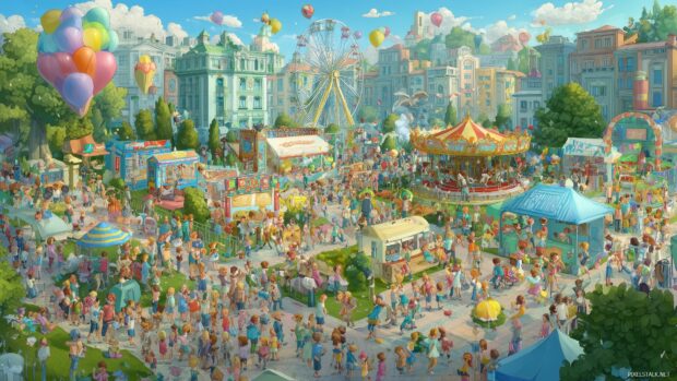 Back to school wallpaper 2025, a fun and energetic depiction of a school fair with games, food stalls, and joyful students.