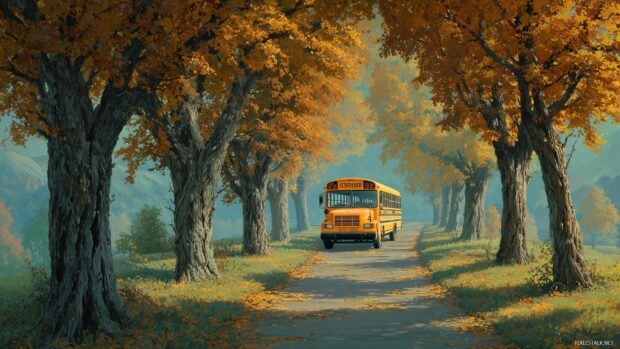 Back to school wallpaper 2025, an artistic landscape featuring a school bus driving along a tree lined path during fall.