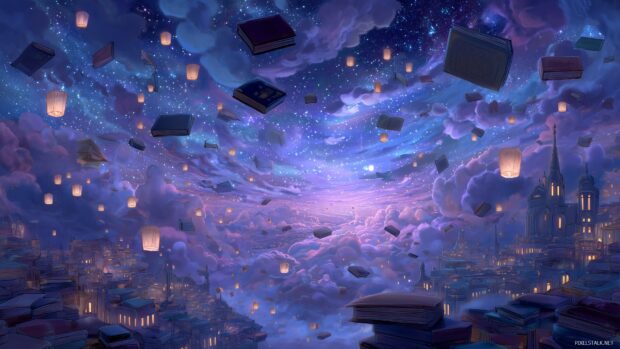 Back to school wallpaper HD, a dreamlike illustration of a magical school filled with floating books and starlit skies.