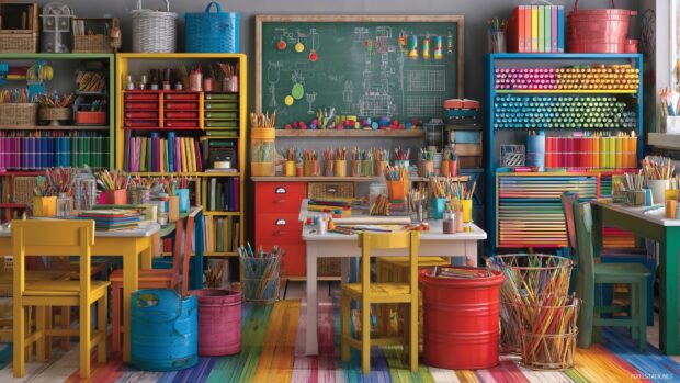 Back to school wallpaper HD, a vibrant classroom filled with colorful supplies and cheerful decorations.