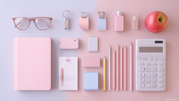 Back to school wallpaper aesthetic, a minimalistic flat lay of school essentials on a soft pastel background.